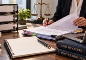 Filing and serving court documents with organised legal paperwork, submission checklist and civil procedure documents on a solicitor’s desk.
