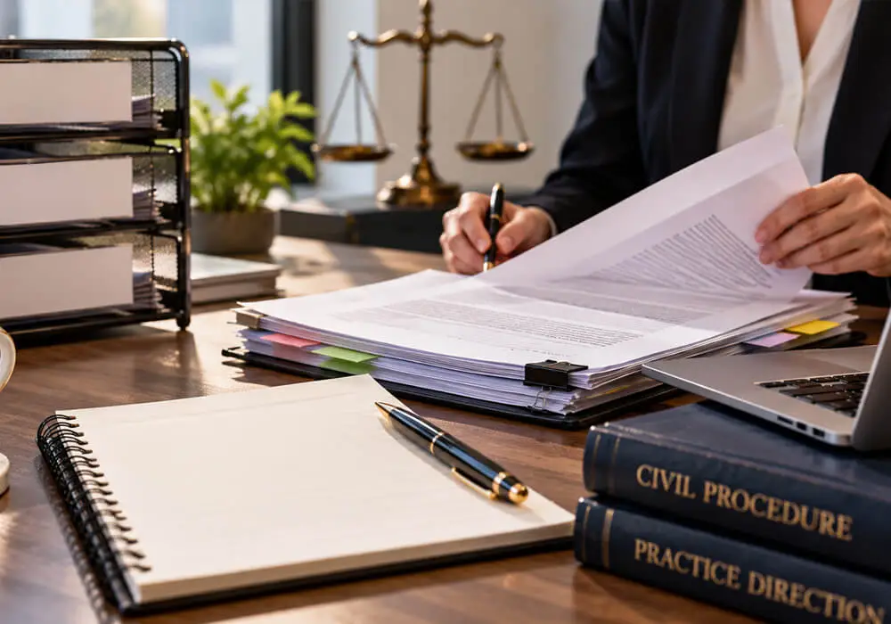 Filing and serving court documents with organised legal paperwork, submission checklist and civil procedure documents on a solicitor’s desk.