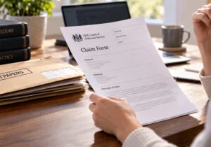 Person reviewing a court claim form at a desk with court papers, legal books, a laptop and a response checklist.